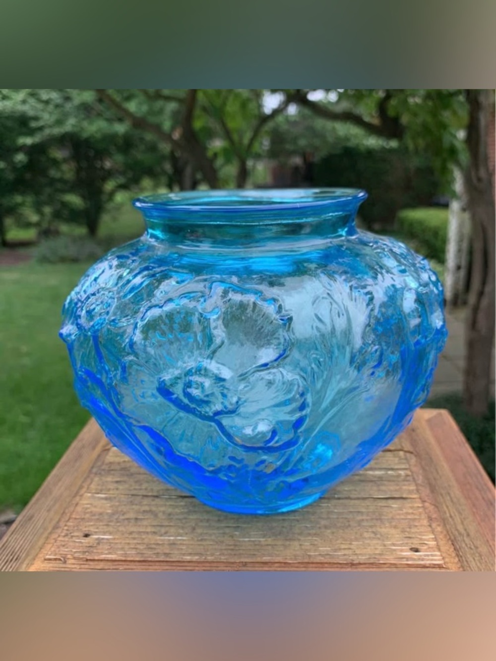 Blue Tiffin Glass Poppy Floral Globe Vase